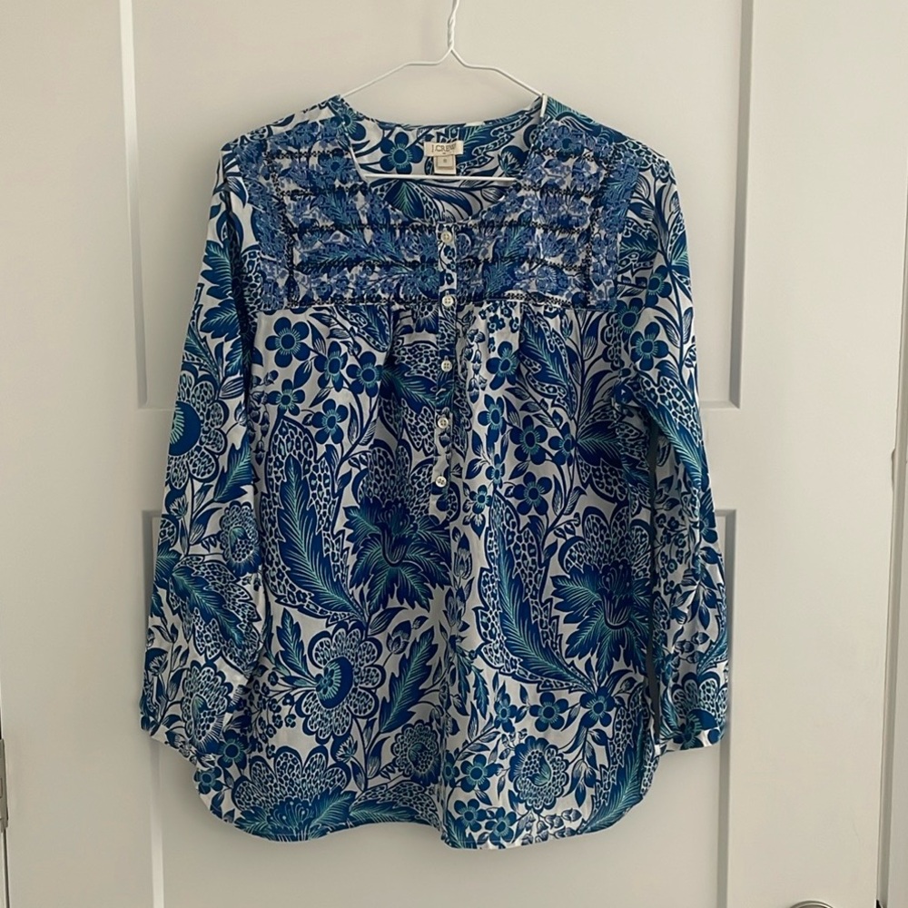 J CREW FACTORY Blue Floral Embroidered Tunic. Size S